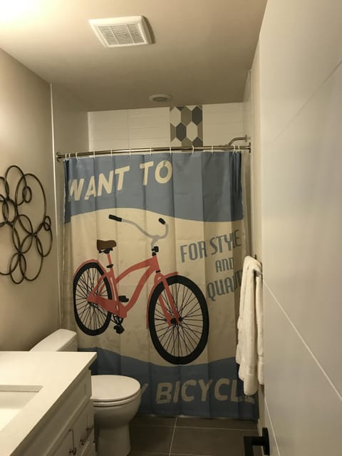 Combined shower/tub, hair dryer, towels, shampoo