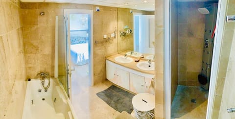 Combined shower/tub, hair dryer, bidet, towels