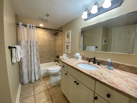 Combined shower/tub, hair dryer, towels