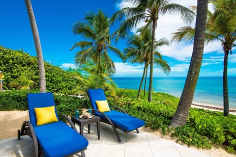 On the beach, sun loungers, beach towels