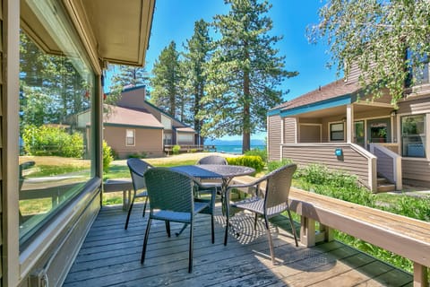 Dine inside or outside with views of the lake. Take a stroll to play, eat, or BBQ right on the private beach.