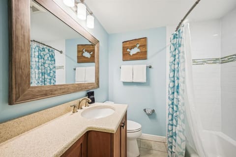 Combined shower/tub, hair dryer, towels, soap