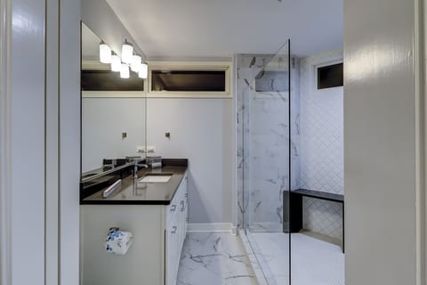 Combined shower/tub, hair dryer, towels