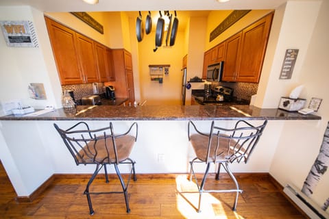 Large kitchen with countertop seating