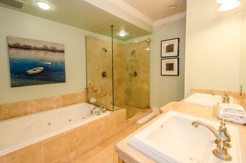 Combined shower/tub, hair dryer, towels