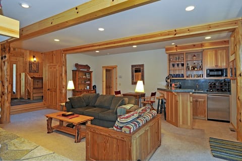 TV, fireplace, books, stereo