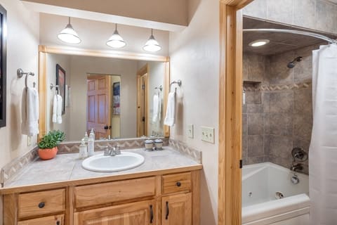 The bathroom has a jetted tub and shower, with a separate vanity.