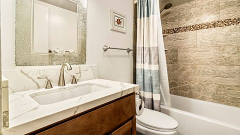 Combined shower/tub, hair dryer, towels