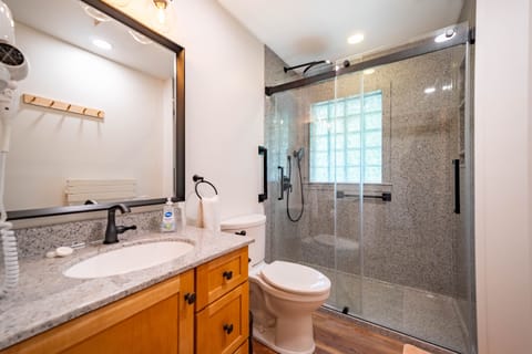 Combined shower/tub, hair dryer, towels