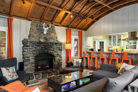Cozy living room with stone fireplace (electric insert) — ideal for relaxing after wine tasking adventures