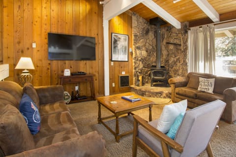 Cozy mountain living room with fireplace and TV