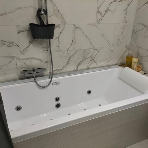 Combined shower/tub, jetted tub, hair dryer, bidet