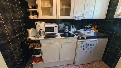 Fridge, microwave, stovetop, electric kettle