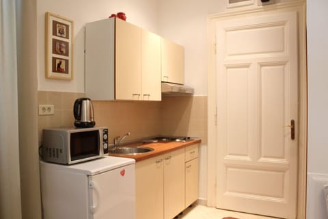 Fridge, microwave, stovetop, cookware/dishes/utensils