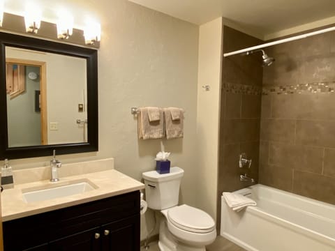 Combined shower/tub, rainfall showerhead, hair dryer, heated floors