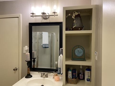 Combined shower/tub, hair dryer, towels