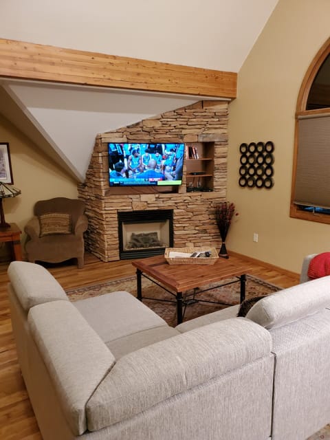 Living area | Smart TV, fireplace, books, video library