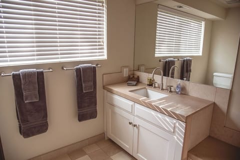 Combined shower/tub, towels, toilet paper