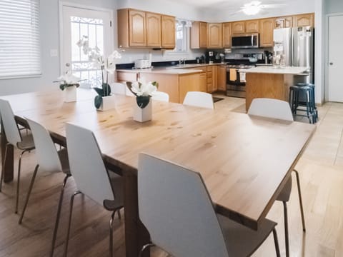 Seating for 10-12 in this well-stocked kitchen
