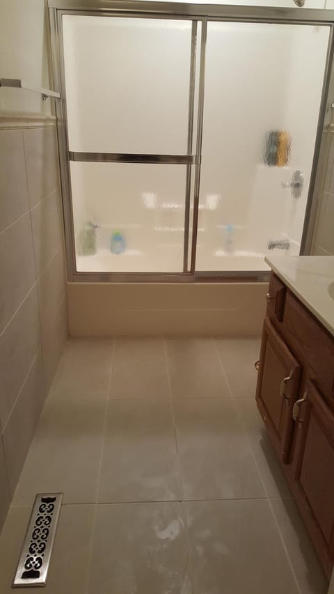 Combined shower/tub, hair dryer, towels, soap