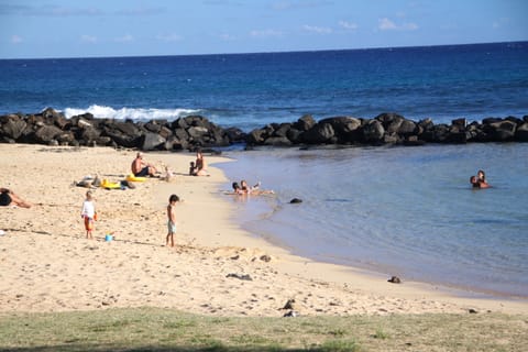 On the beach, sun loungers, beach towels