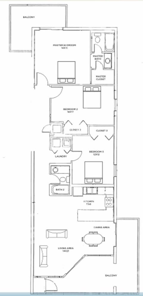 This floor plan showcases a three-bedroom, two-bath layout with a spacious living area and convenient breakfast bar