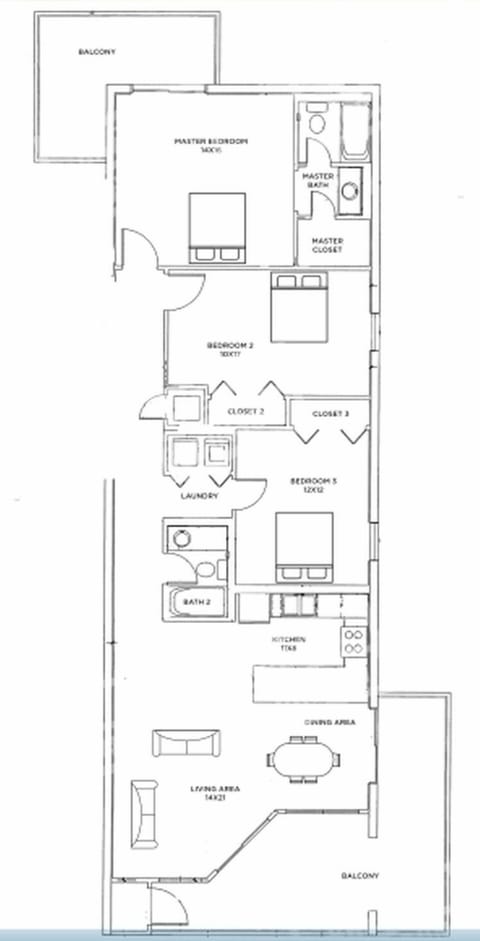 This floor plan outlines a three-bedroom, two-bath residence featuring a spacious living area, kitchen, and balconies