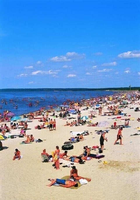 On the beach, sun loungers, beach towels