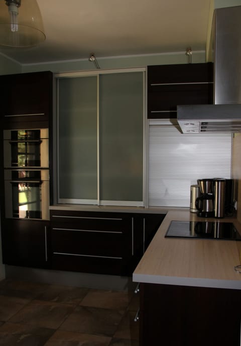 Kitchen: hob, coffee machine, oven, microwave and crockery store