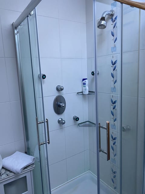 Combined shower/tub, hair dryer, towels, soap