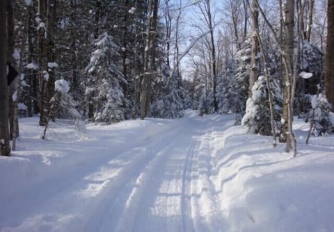 Trail entrance in winter; snowmobiles, snowshoes and cross-country on our private groomed trails