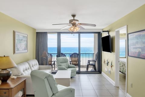 YOU can experience this BREATHTAKING view in our Living Room with a leather double sleeper sofa, 2 leather swivel/rocking recliners, 55" wall mounted Smart TV and balcony access!