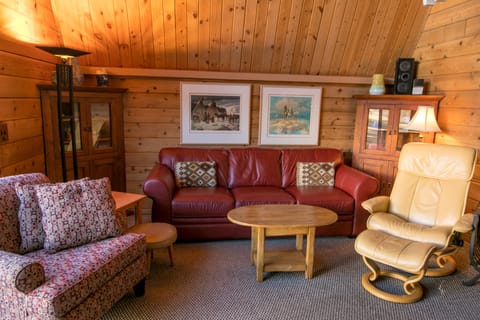 Living room with TV and wood stove overlooks the lawn and Mt. Shasta