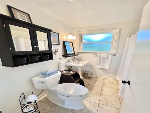 Main bathroom across from the two bedrooms. Towels, soap, shampoo & hair dryer.