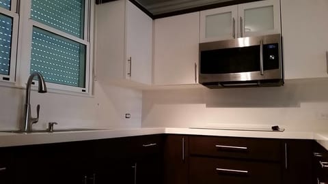 New Kitchen with white corian countertops and all stainless steel appliances