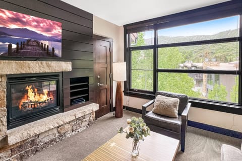 The living room has a view of the mountains, fireplace and tv.
