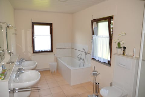 Combined shower/tub, hair dryer, towels