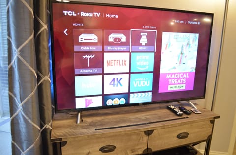 55" smart TV with Roku. We also have a Blu-Ray player, cable tv, and some dvd's.