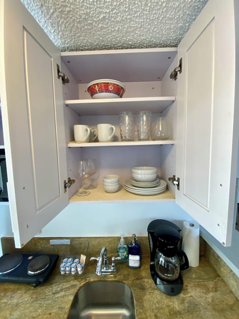 Fridge, microwave, stovetop, coffee/tea maker