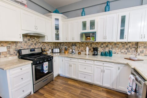Kitchen with Gas Stove and many other appliances 