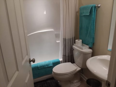 Combined shower/tub, hair dryer, towels