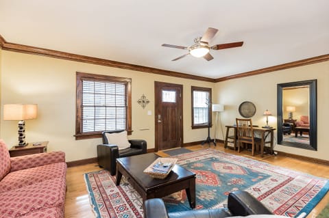 Smart TV, fireplace, books