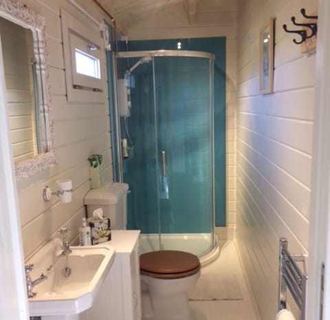 Cuttermoon Lodge bathroom with electric shower, heated towel rail and toiletries