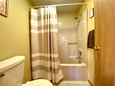 Combined shower/tub, hair dryer, towels, soap