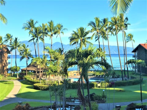 The view from our lanai overlooks the grounds, koi ponds, ocean & the islands! 