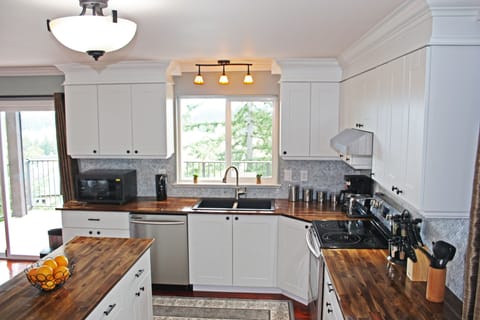 Fully equipped kitchen with stainless steel appliances.