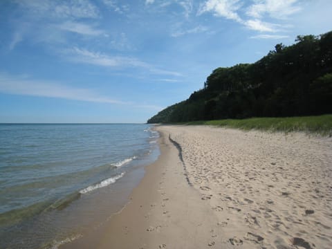 On the beach, sun loungers