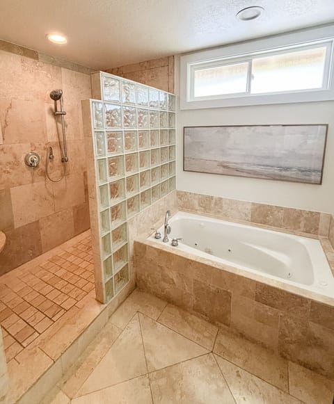 Combined shower/tub, hair dryer, towels