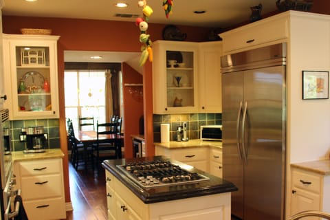 Kitchen with Fridge, Wine Bar to Dining Room