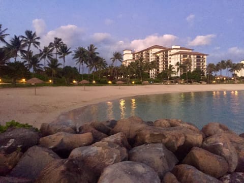 On the beach, sun loungers, beach towels